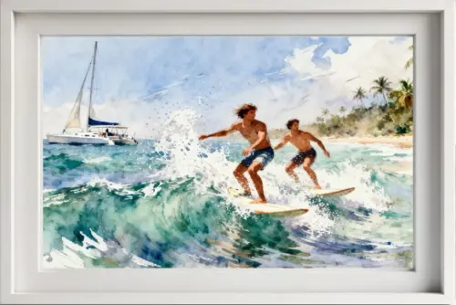 Quadro Praia Aquarela - Mar Azul Coqueiros Barco Surfe 38
