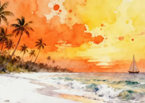Quadro Praia Aquarela - Por do Sol Coqueiros Barco 23