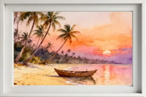 Quadro Praia Aquarela - Por do Sol Coqueiros Barco 22