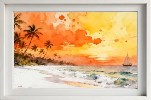 Quadro Praia Aquarela - Por do Sol Coqueiros Barco 23