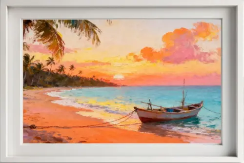 Quadro Praia Aquarela - Por do Sol Coqueiros Barco 24