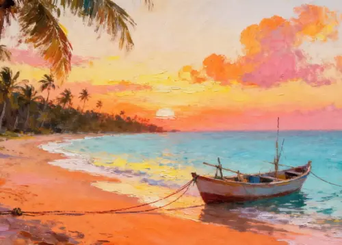 Quadro Praia Aquarela - Por do Sol Coqueiros Barco 24