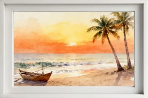 Quadro Praia Aquarela - Por do Sol Coqueiros Barco 27