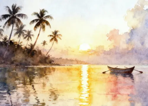 Quadro Praia Aquarela - Por do Sol Coqueiros Barco 25