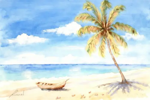 Quadro Praia Aquarela - Mar Azul Coqueiros Barco 39