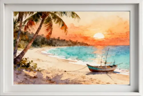 Quadro Praia Aquarela - Por do Sol Coqueiros Barco 26