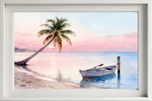 Quadro Praia Aquarela - Por do Sol Coqueiros Barco 28