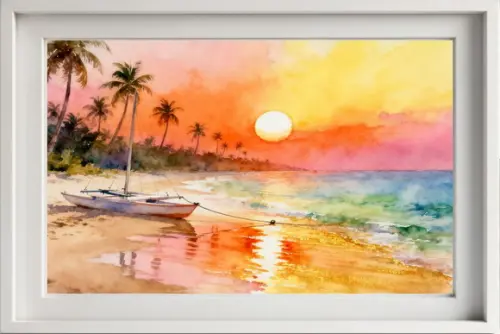 Quadro Praia Aquarela - Por do Sol Coqueiros Barco 30