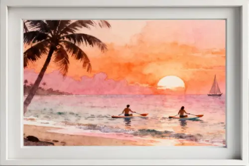 Quadro Praia Aquarela - Por do Sol Coqueiros Barco 31