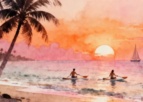 Quadro Praia Aquarela - Por do Sol Coqueiros Barco 31