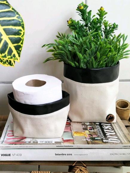 Kit cachepôs borda em couro eco preto