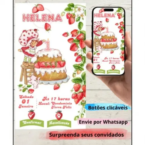 Convite Virtual Interativo Personalizado Moranguinho Vintage