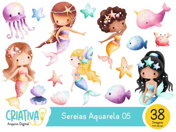 Kit Digital PNG - Sereias Aquarela 08