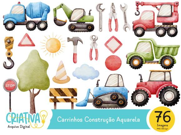 Kit Digital PNG - Carrinhos Construção Aquarela