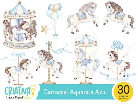 Kit Digital PNG - Carrossel Aquarela Azul
