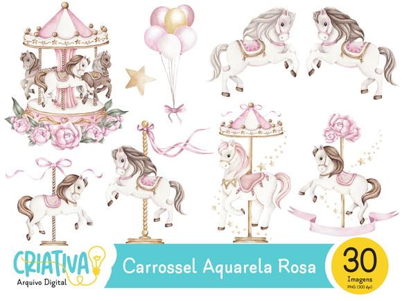 Kit Digital PNG - Carrossel Aquarela Rosa