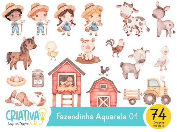 Kit Digital PNG - Fazendinha Aquarela 01