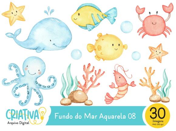 Kit Digital PNG - Fundo do Mar Aquarela 08