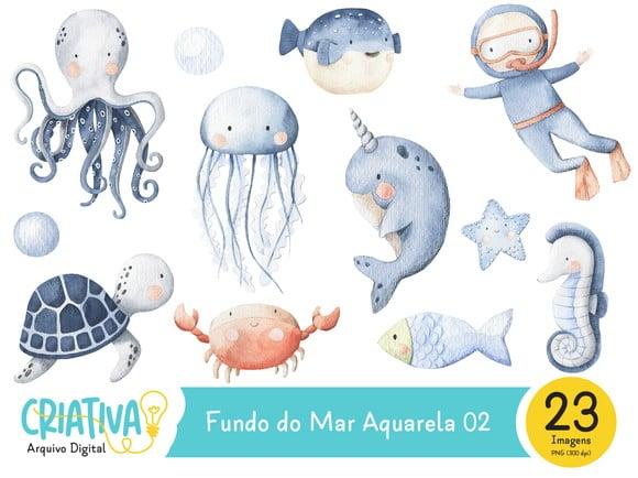 Kit Digital PNG - Fundo do Mar Aquarela 02