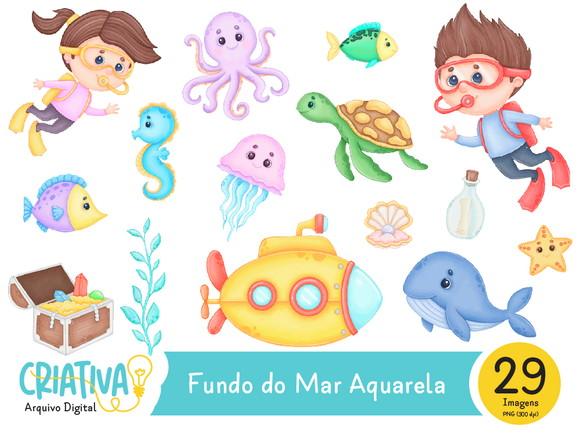 Kit Digital PNG - Fundo do Mar Aquarela
