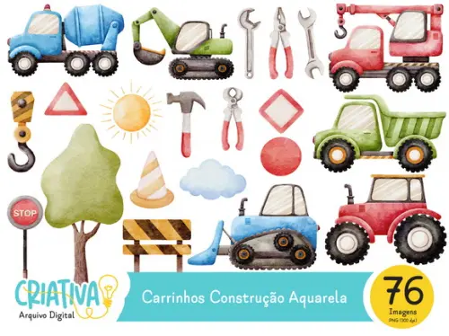Kit Digital PNG - Carrinhos Construção Aquarela