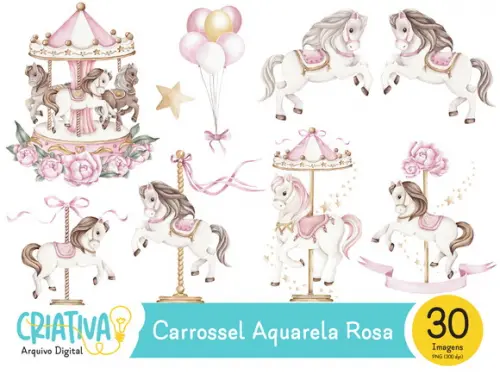 Kit Digital PNG - Carrossel Aquarela Rosa