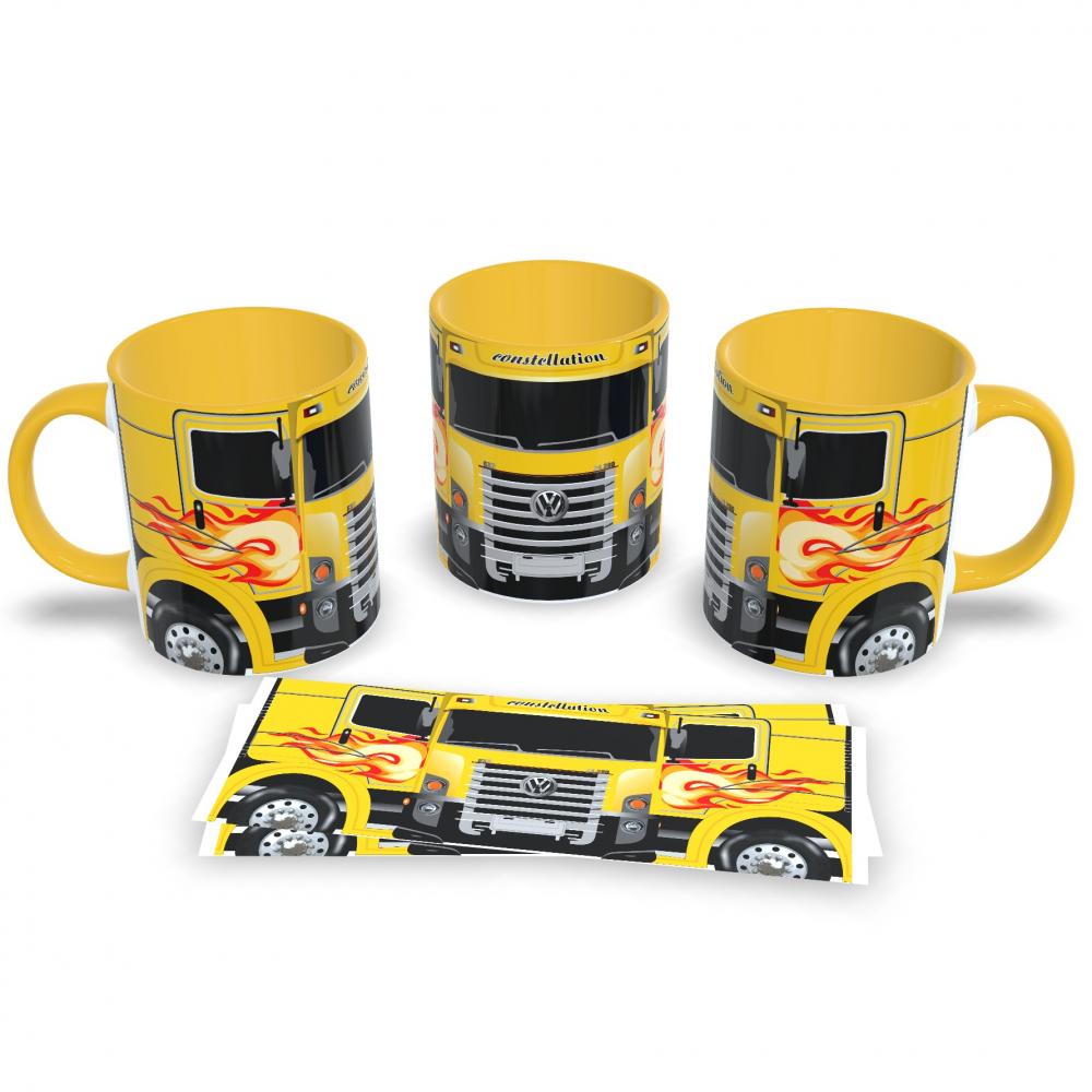 Caneca Amarela De Porcelana Tema Caminhoneiro Estrada 325ml
