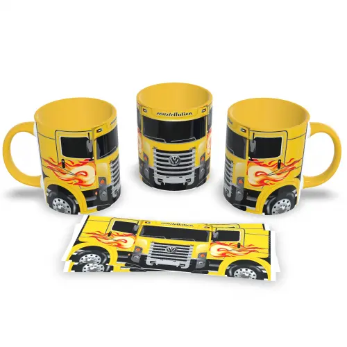 Caneca Amarela De Porcelana Tema Caminhoneiro Estrada 325ml