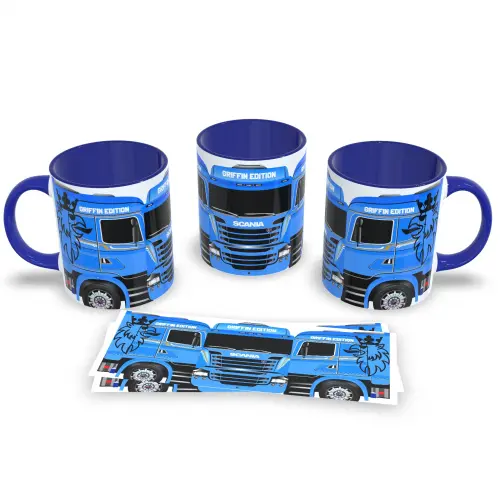 Caneca Azul De Porcelana Tema Caminhoneiro Estrada 325ml