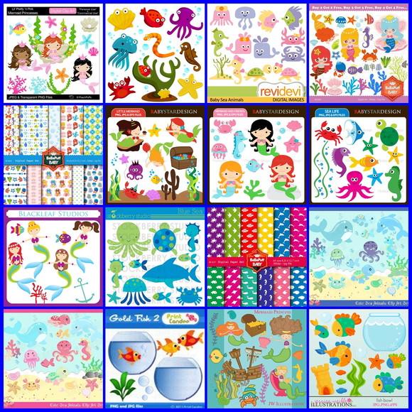 45 Kits Scrapbook Digital Fundo Do Mar