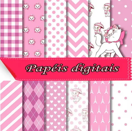 Kit Scrapbook Digital Gatinha Marie + Papeis + Elementos