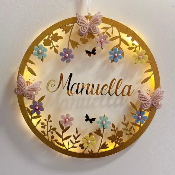 Porta Maternidade Led Borboletas Acrílico e Espelho