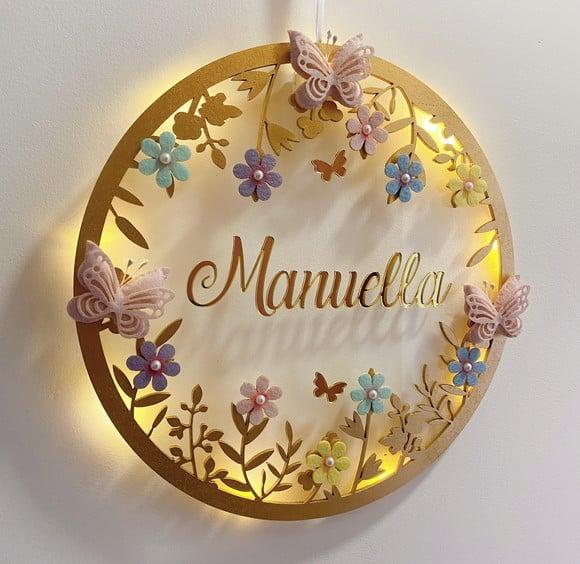 Porta Maternidade Led Borboletas Acrílico e Espelho