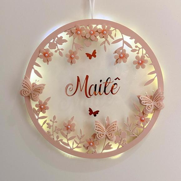 Porta Maternidade Led Borboletas Acrílico Espelho Rosa