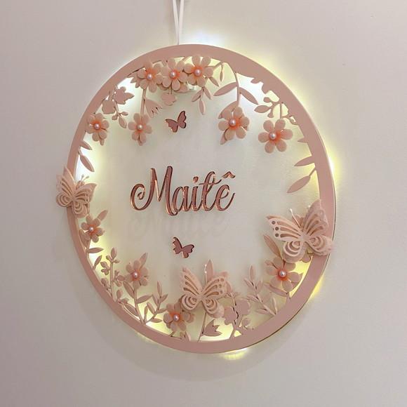 Porta Maternidade Led Borboletas Acrílico Espelho Rosa