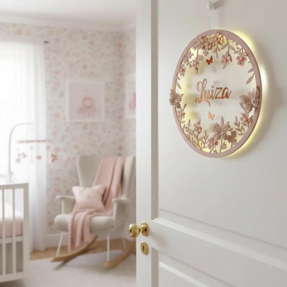 Porta Maternidade Led Borboletas Acrílico Espelho Rosa