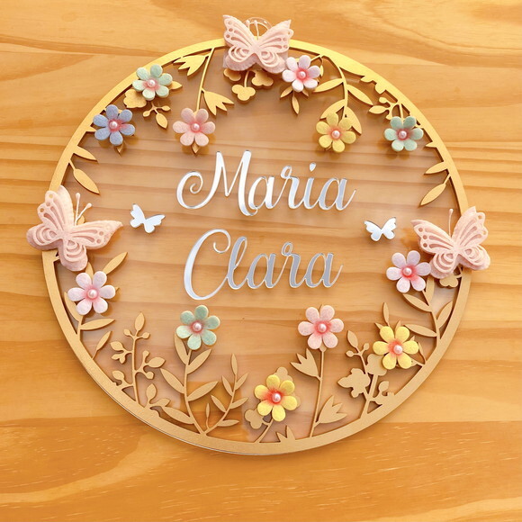 Enfeite Porta Maternidade Floral Acrílico e Espelho