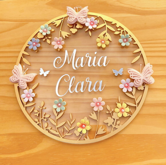 Enfeite Porta Maternidade Floral Acrílico e Espelho