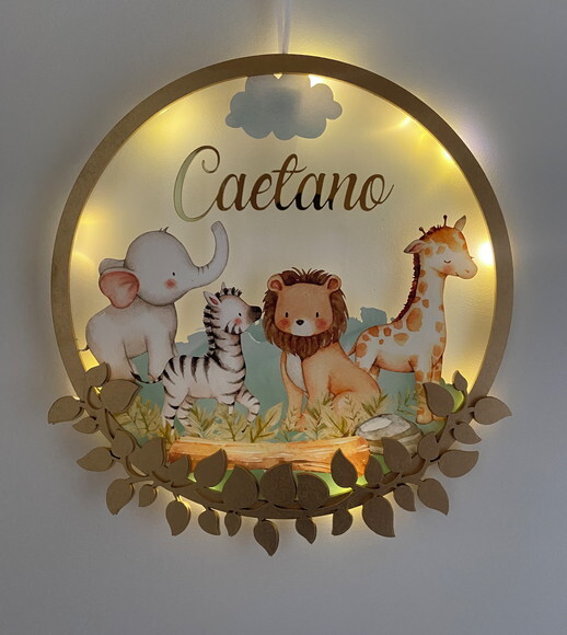 Enfeite Porta Maternidade Safari Acrílico e Espelho Led
