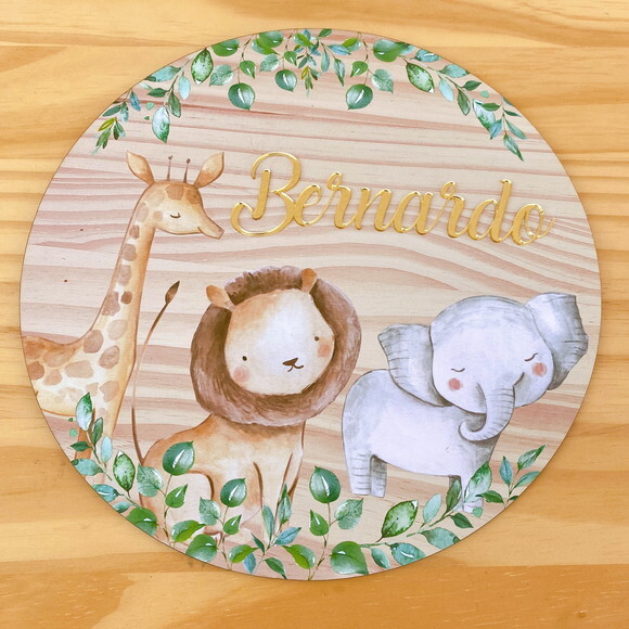 Enfeite Porta Maternidade Safari MDF Nome Espelho