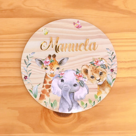 Enfeite Porta Maternidade Safari Menina MDF e Espelho