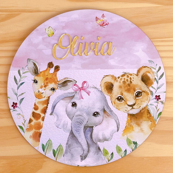 Enfeite Porta Maternidade Safari Menina MDF e Espelho