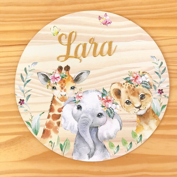 Enfeite Porta Maternidade Safari Menina MDF e Espelho