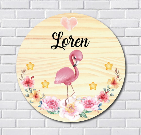 Placa Enfeite Porta Maternidade Flamingo MDF Nome Espelho