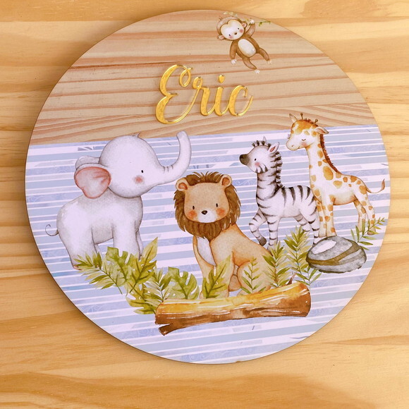 Placa Enfeite Porta Maternidade Safari MDF Nome Espelhado