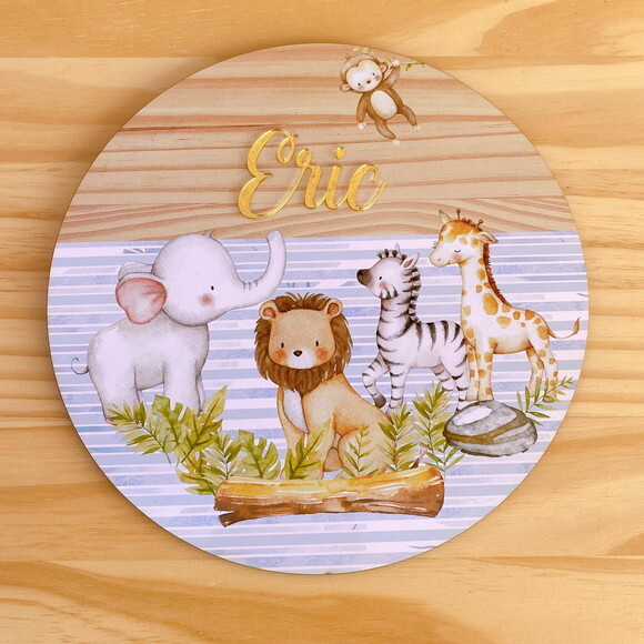 Placa Enfeite Porta Maternidade Safari MDF Nome Espelhado