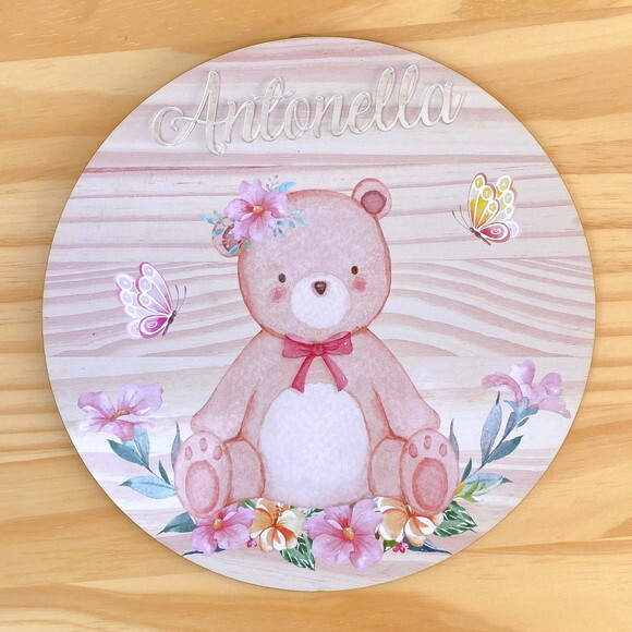 Placa Enfeite Porta Maternidade Ursinha MDF Nome Espelho