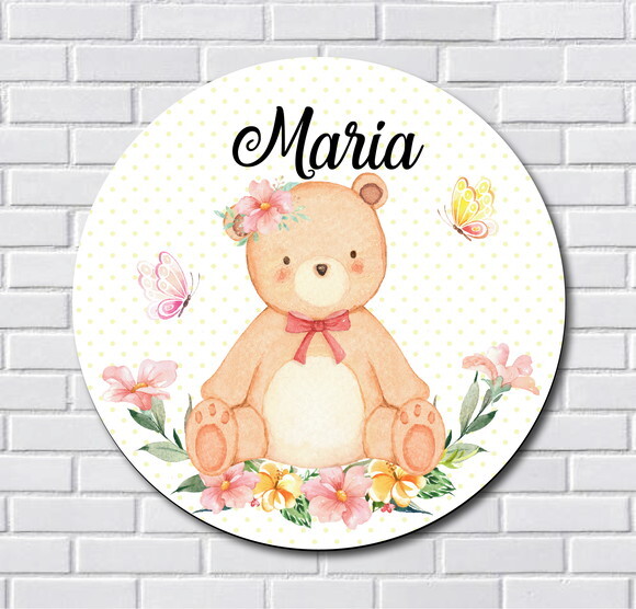 Placa Enfeite Porta Maternidade Ursinha MDF Nome Espelho