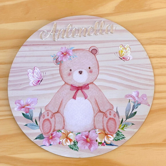 Placa Enfeite Porta Maternidade Ursinha MDF Nome Espelho