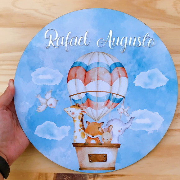 Placa Porta Maternidade Balão MDF Nome Espelho